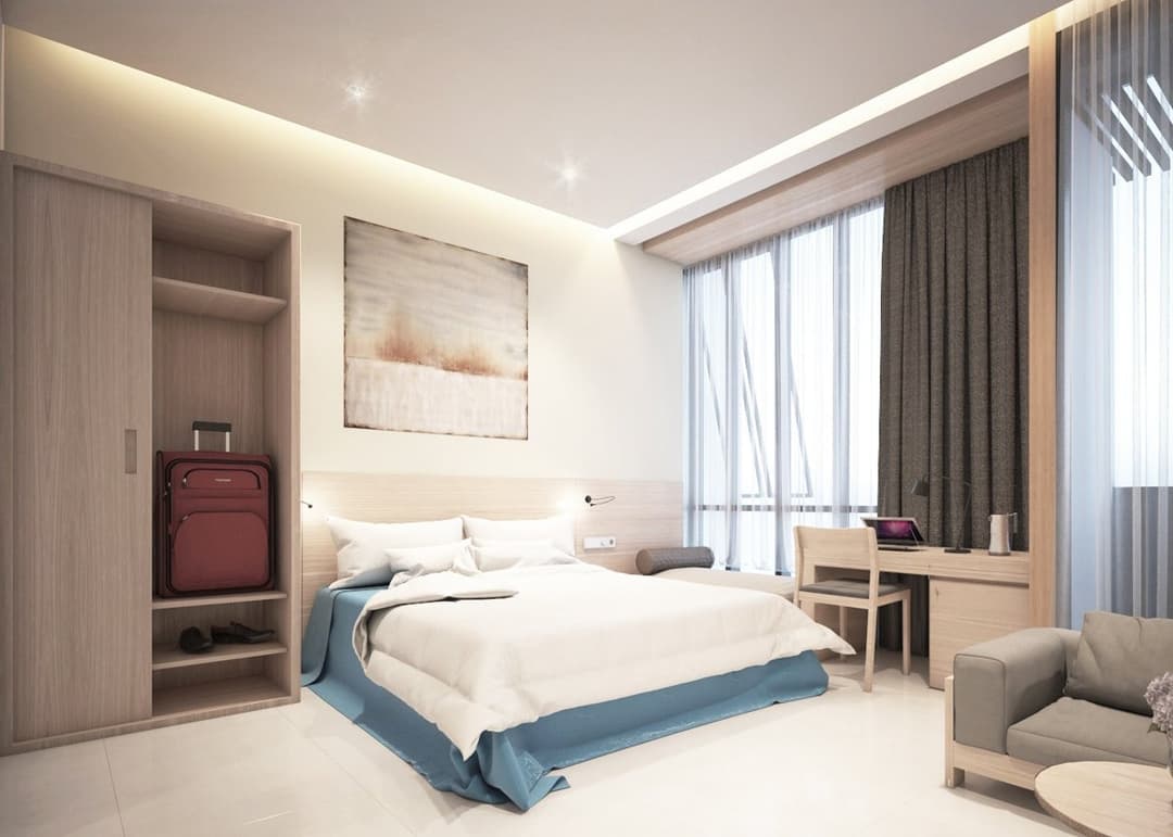 Phối cảnh phòng ngủ tông gỗ ấm với ánh sáng tự nhiên và đèn trần
