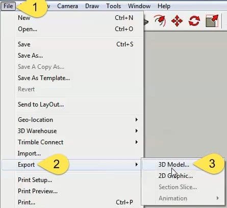 Menu File trong SketchUp mở tới Export rồi 3D Model, đánh số ba bước chọn