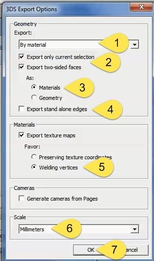 Hộp thoại 3DS Export Options với bảy bước chỉnh: xuất theo vật liệu, hai mặt, welding vertices và đơn vị milimet