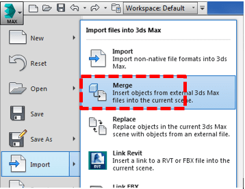 Menu Import trong 3ds Max, khoanh đỏ lệnh Merge để nạp đối tượng từ file khác