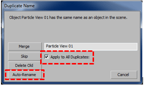 Hộp thoại Duplicate Name trong 3ds Max với lựa chọn Auto-Rename và Apply to All Duplicates