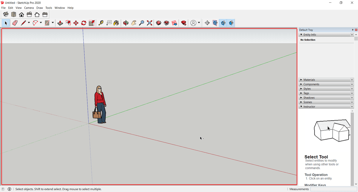Giao diện SketchUp Pro với vùng không gian 3D trống được khoanh đỏ