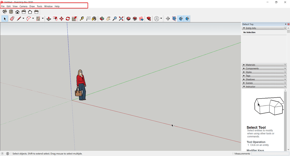 Giao diện SketchUp với thanh menu chính được khoanh đỏ