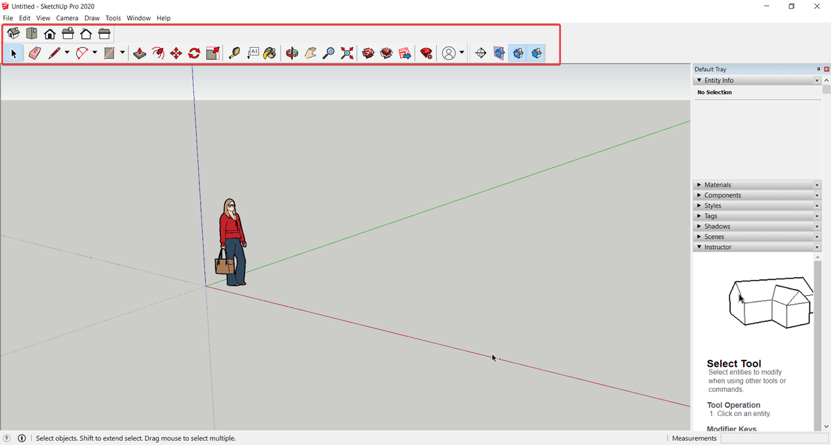 Giao diện SketchUp với thanh công cụ được khoanh đỏ
