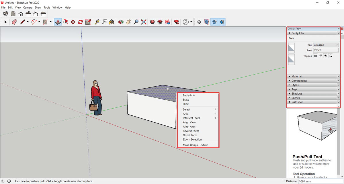 Khung thoại Entity Info và menu chuột phải trên một khối hộp trong SketchUp