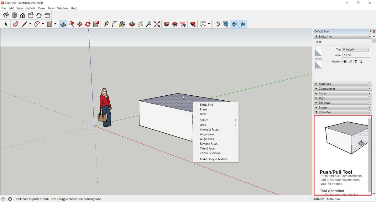 Khay Default Tray bên phải giao diện SketchUp, khoanh đỏ hộp hướng dẫn công cụ