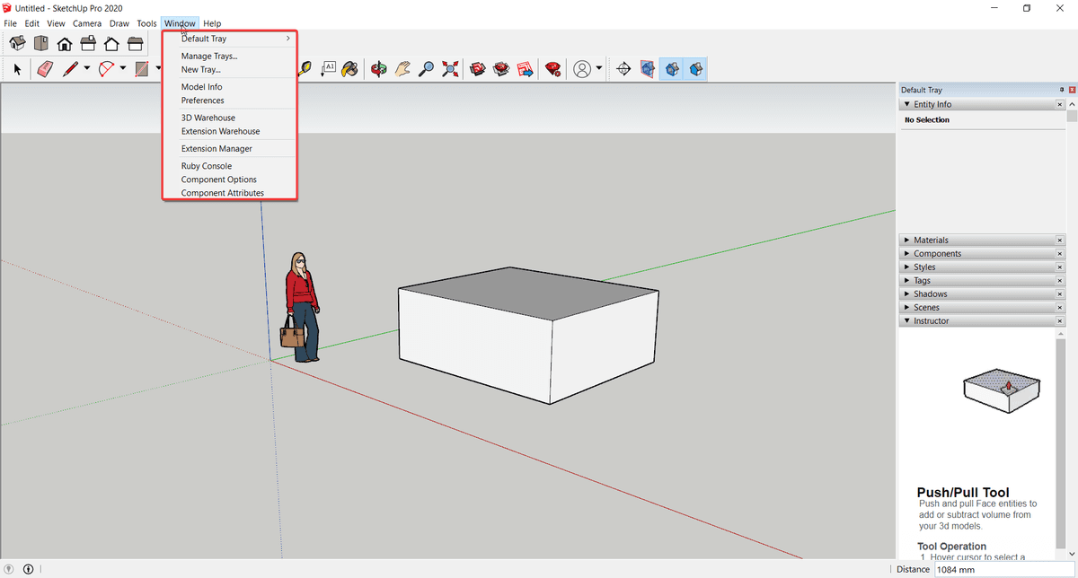 Menu Window trong SketchUp mở danh sách các khung thoại