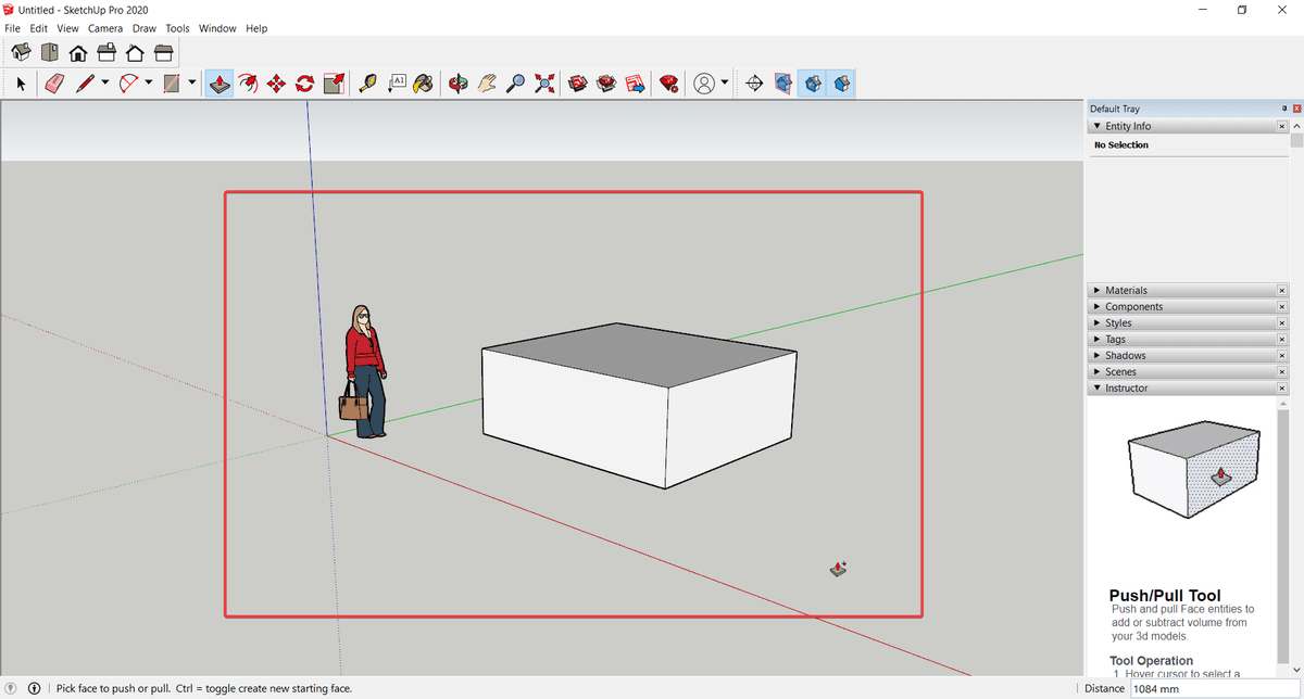 Khối hộp được chọn trong SketchUp với khung chọn màu đỏ