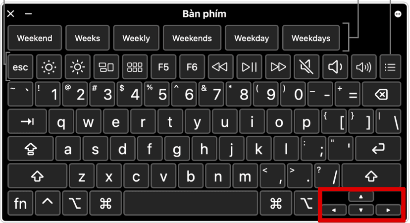 Bàn phím ảo với cụm phím mũi tên được khoanh đỏ, dùng để khóa hướng xoay