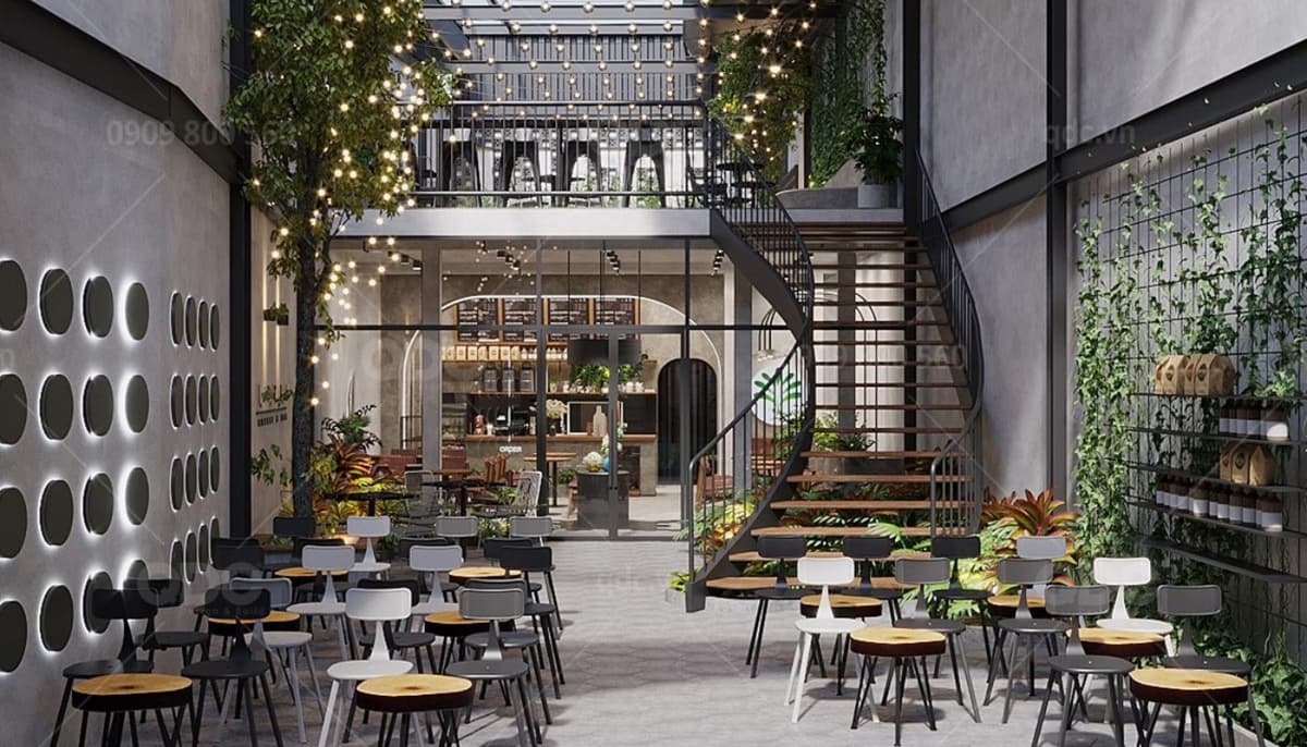 Quán cafe sử dụng bê tông xám để thiết kế