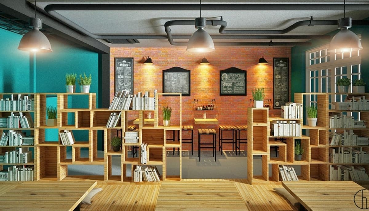 Sử dụng kệ sách như một bức tường ngăn cách giữa các khu vực trong quán