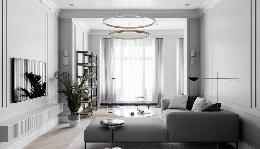 Không gian thiết kế nội thất chung cưu 110m2 với gam màu xám chủ đạo