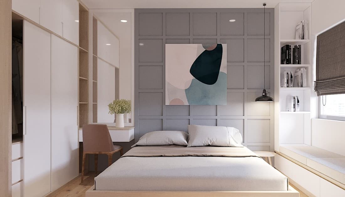 Chiếc giường ngủ master trong thiết kế nội thất chung cư 54m2 1 phòng ngủ