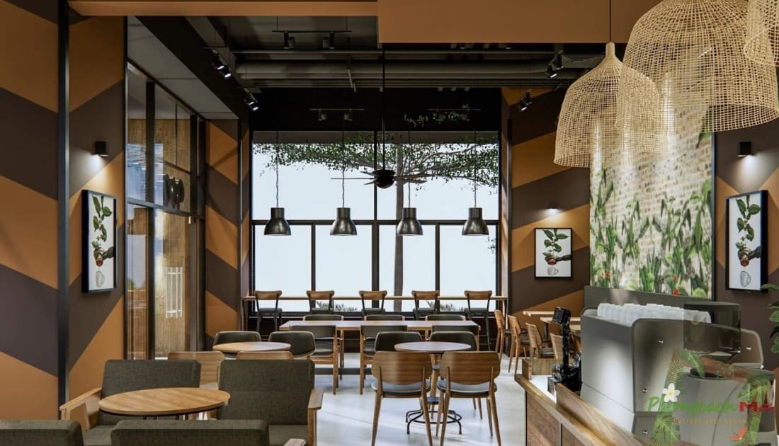 Đặc trưng bởi những tone màu sẫm trung tính, thiết kế quán cafe 100m2 phong cách công nghiệp thể hiện nét đẹp mộc mạc