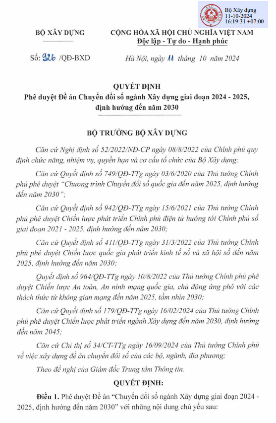 Quyết định của Bộ Xây dựng phê duyệt Đề án chuyển đổi số ngành Xây dựng giai đoạn 2024–2025