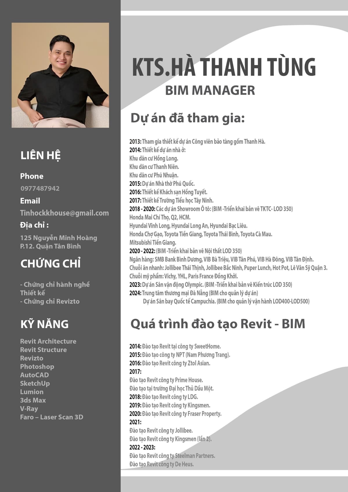 Hồ sơ giảng viên BIM Manager của KKHouse: dự án đã tham gia, chứng chỉ và kỹ năng phần mềm