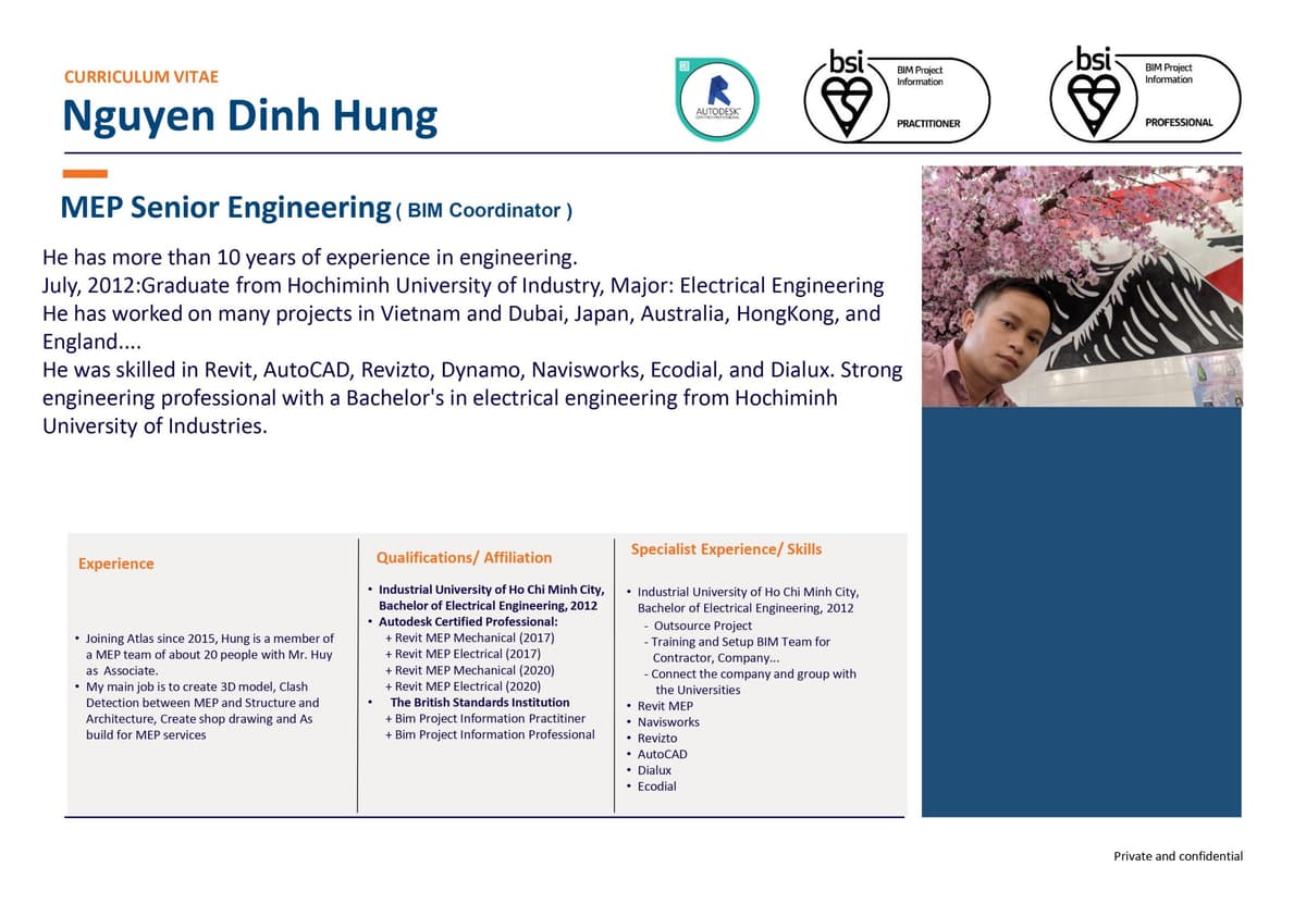 Hồ sơ giảng viên MEP kiêm BIM Coordinator với kinh nghiệm dự án và chứng chỉ quốc tế