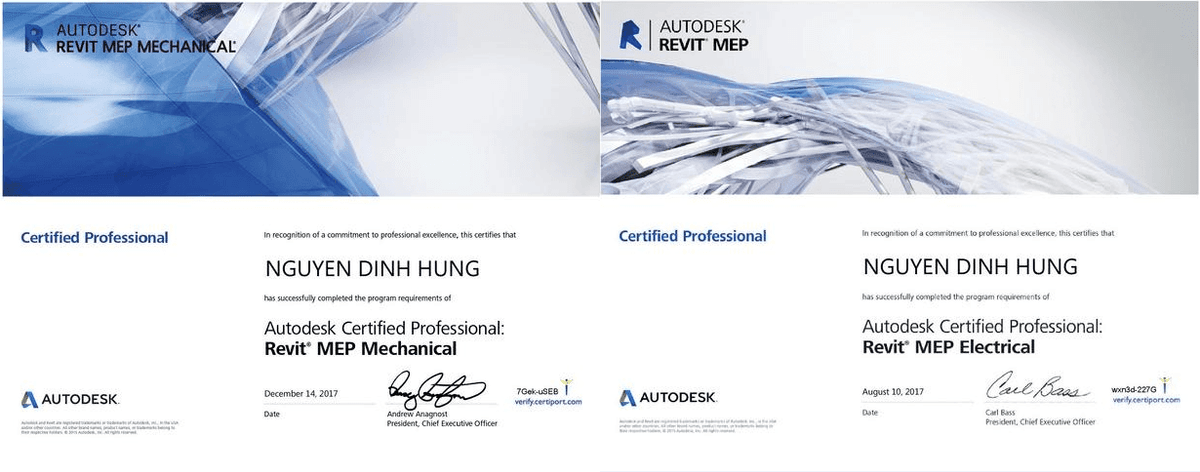 Hai chứng chỉ Autodesk Certified Professional môn Revit MEP