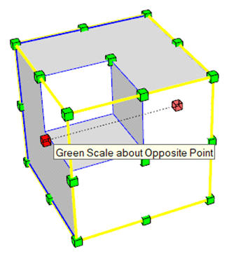 Khối hộp SketchUp đang scale qua tâm với chú thích Green Scale about Opposite Point