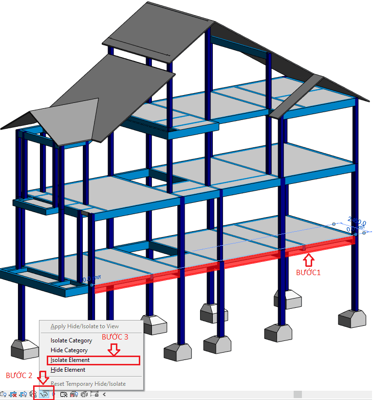 Mô hình kết cấu Revit minh họa chọn dầm rồi dùng Isolate Element để hiện riêng
