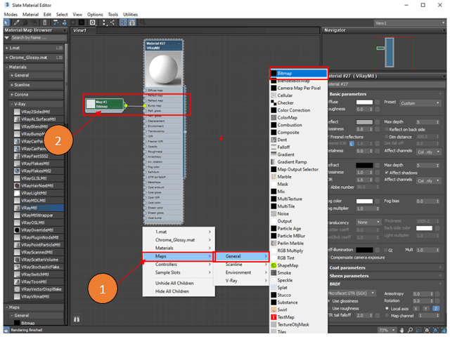Slate Material Editor trong 3ds Max mở menu Maps để chọn Bitmap cho vật liệu
