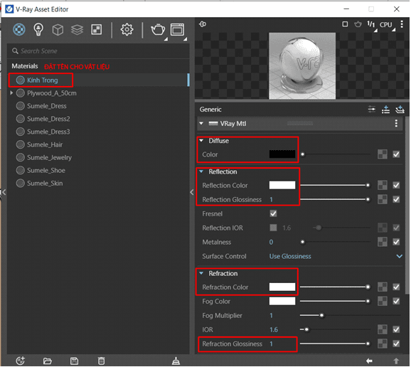 V-Ray Asset Editor chỉnh vật liệu kính trong: màu khúc xạ, độ bóng phản xạ và IOR