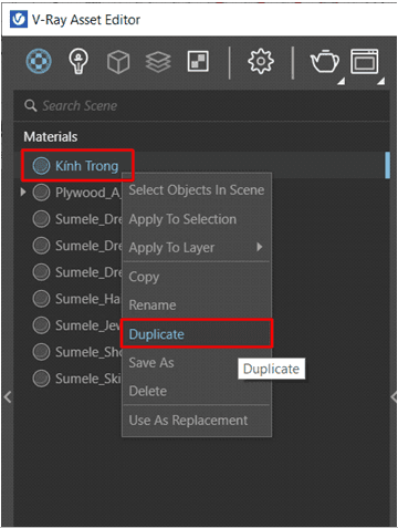 Menu chuột phải trong V-Ray Asset Editor với lệnh Duplicate để nhân đôi vật liệu