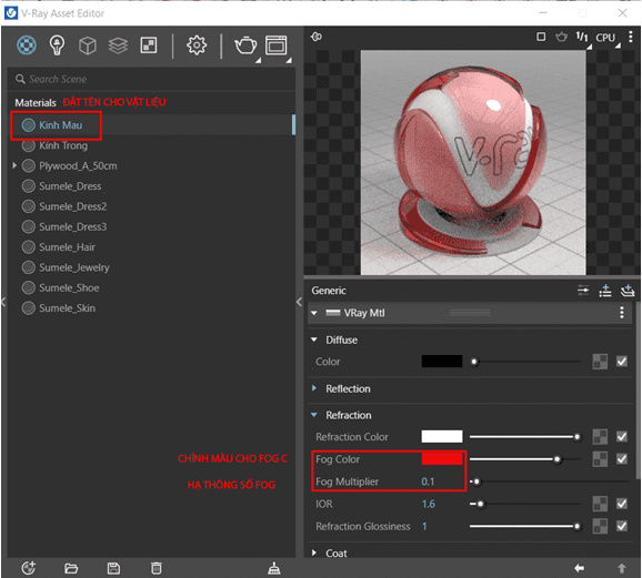 V-Ray Asset Editor chỉnh vật liệu kính màu bằng Fog Color và Fog Multiplier