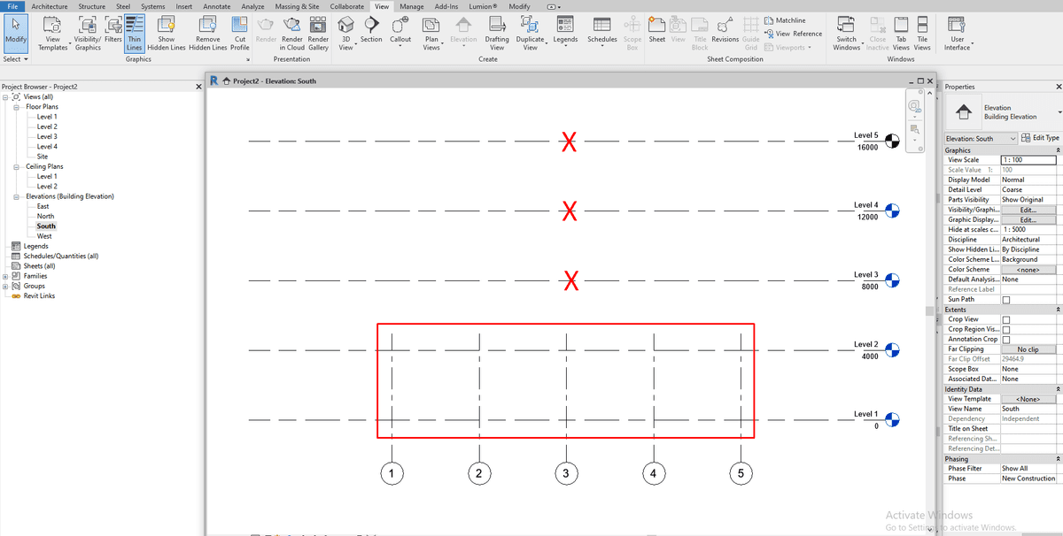 Mặt đứng Revit với ba level chưa cắt qua lưới trục nên mặt bằng không hiện trục