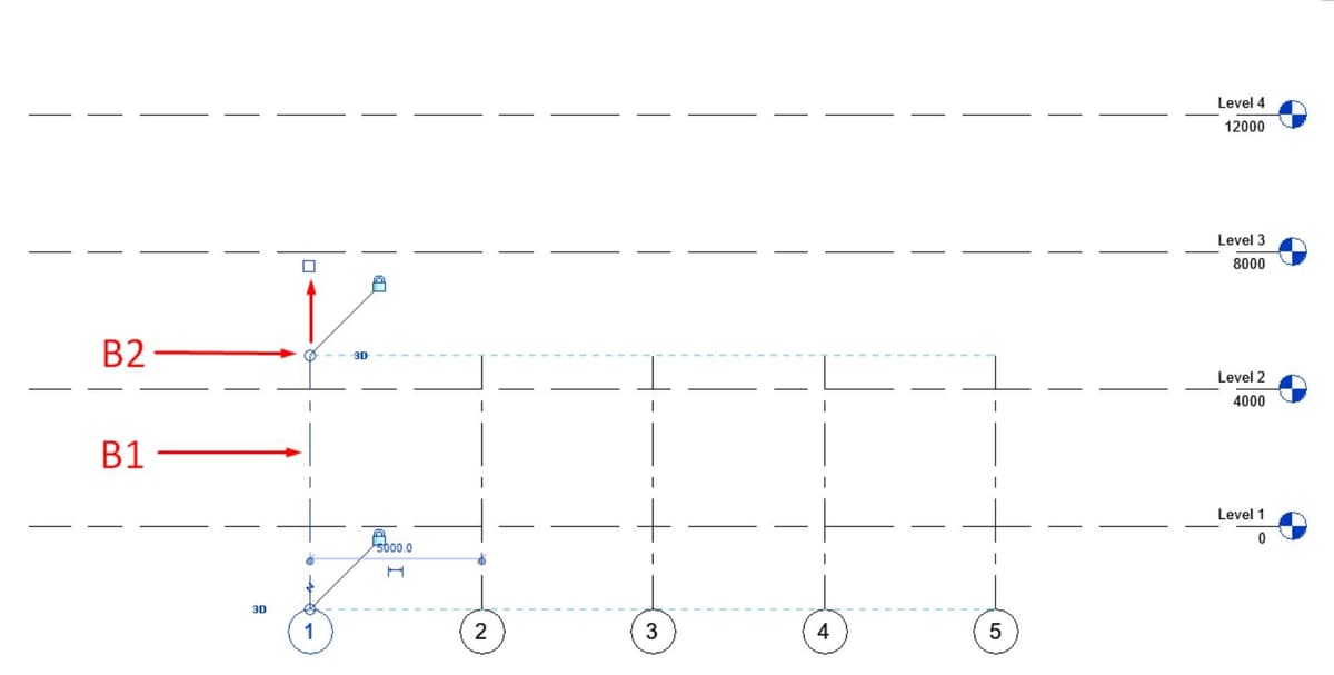 Mặt đứng Revit đánh dấu hai bước kéo đầu lưới trục lên qua các level