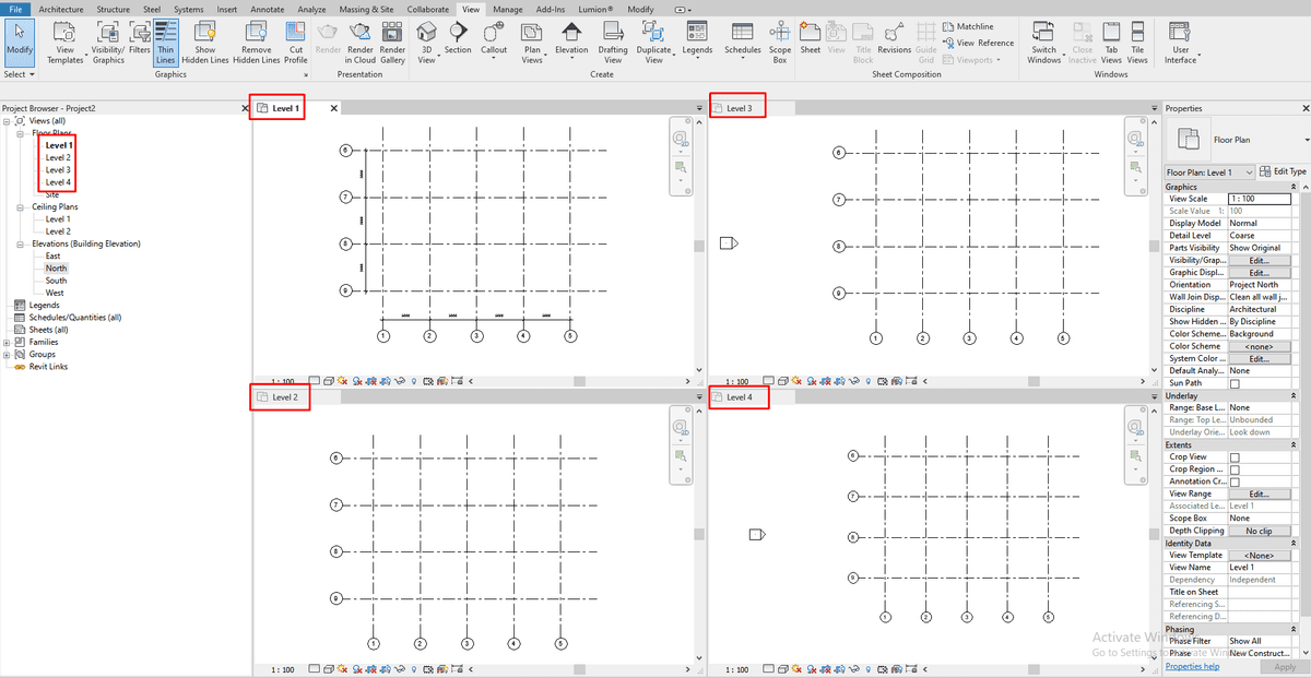 Bốn khung nhìn mặt bằng Revit đã hiện lưới trục sau khi chỉnh