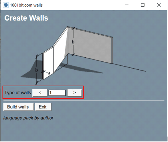 Hộp thoại Create Walls của 1001bit, kiểu tường số 1 là tường đơn thông thường