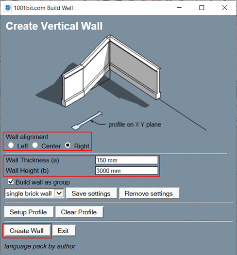 Hộp thoại Create Vertical Wall với căn tường bên phải, dày 150 mm và cao 3000 mm