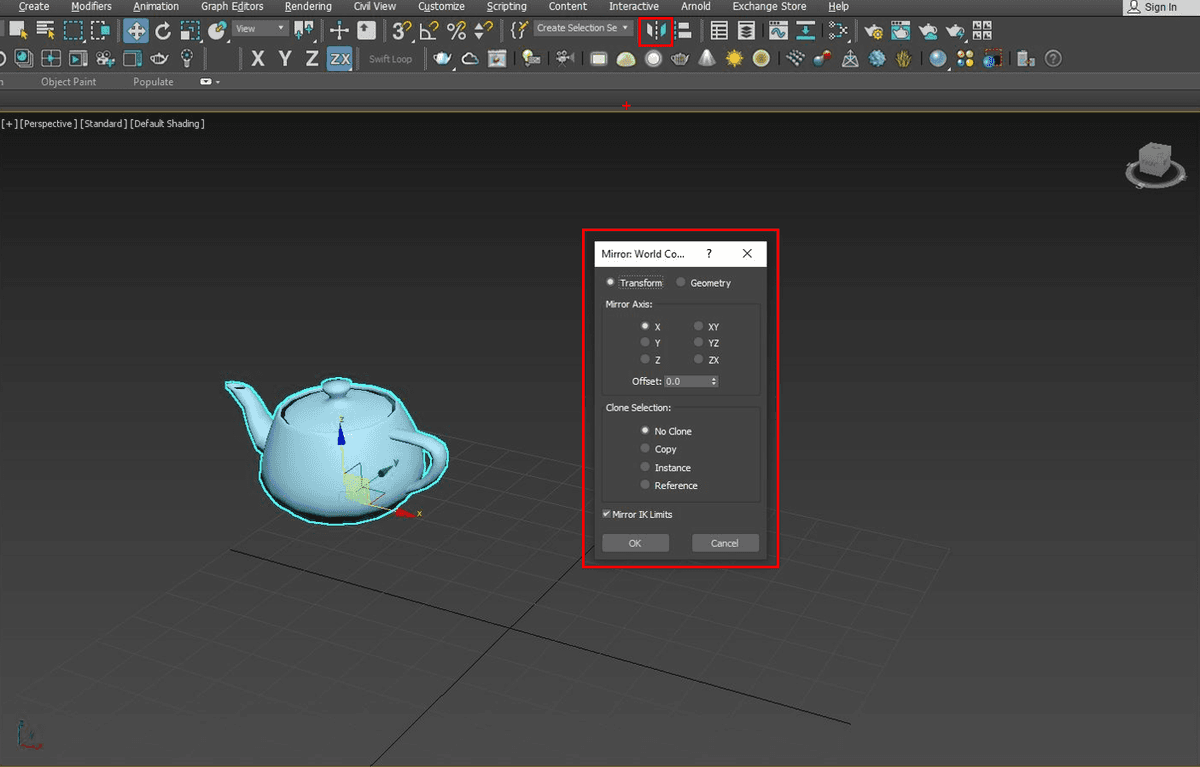 Khung nhìn 3ds Max với ấm trà đang chọn và hộp thoại Mirror World Coordinates