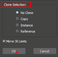 Nhóm Clone Selection trong hộp thoại Mirror với bốn lựa chọn No Clone, Copy, Instance và Reference