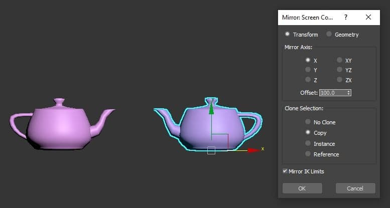 Ấm trà gốc và bản đối xứng qua trục X trong 3ds Max cùng hộp thoại Mirror
