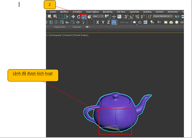 Khung nhìn 3ds Max với ấm trà đang chọn và chú thích lệnh Scale đã kích hoạt