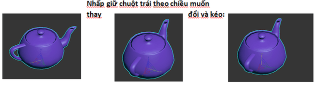 Ba trạng thái của ấm trà khi kéo lệnh Scale theo các chiều khác nhau
