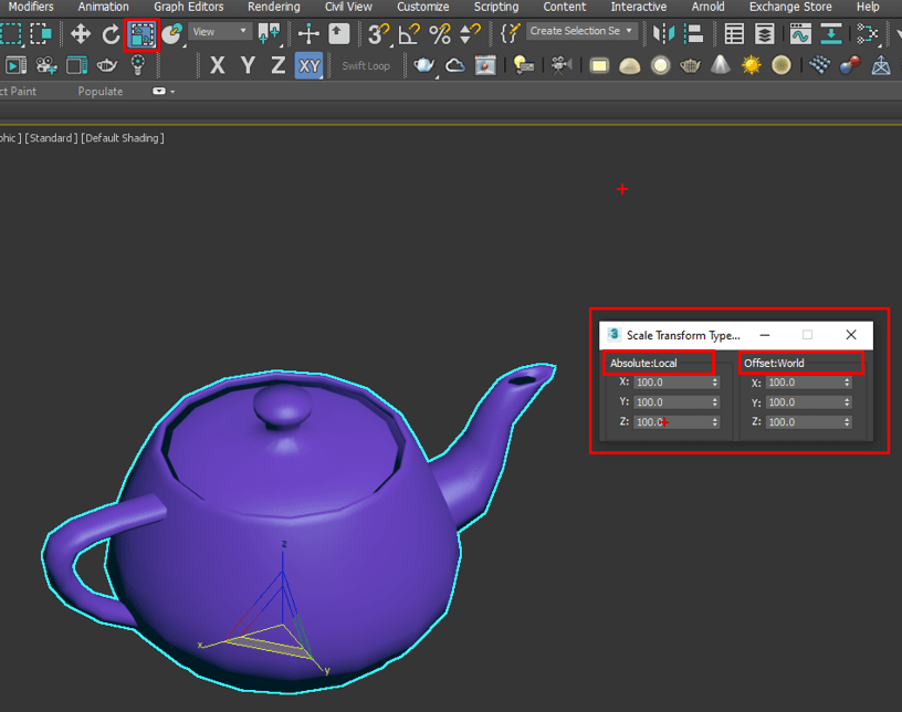 Khung nhìn 3ds Max mở hộp thoại Scale Transform Type-In để nhập tỉ lệ theo ba trục