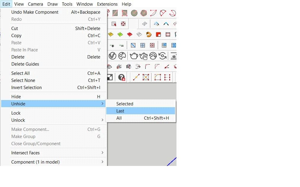 Menu Edit của SketchUp mở Unhide với ba lựa chọn Selected, Last và All