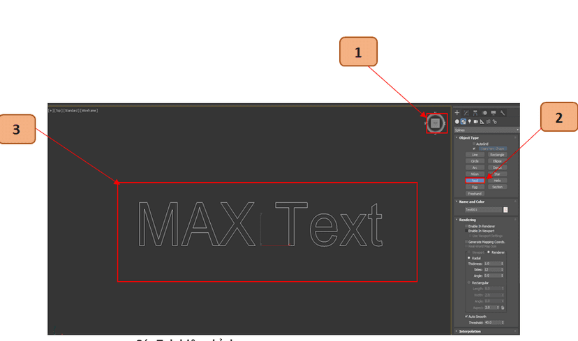 Khung nhìn 3ds Max với dòng chữ MAX Text vừa tạo và bảng thông số bên phải