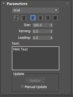 Bảng Parameters của chữ trong 3ds Max: phông Arial, cỡ chữ, kerning và ô nhập nội dung