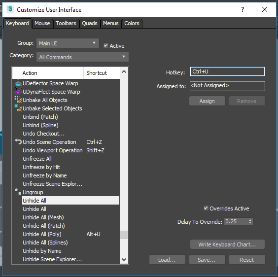 Hộp thoại Customize User Interface trong 3ds Max, gán phím tắt Ctrl+U cho lệnh Unhide All