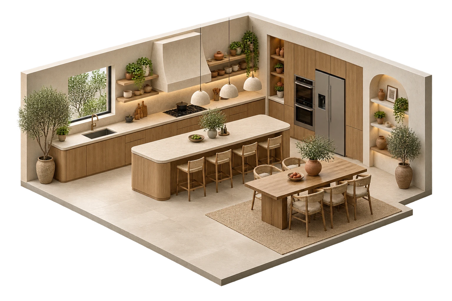 Bếp & bàn ăn — phối cảnh nội thất isometric