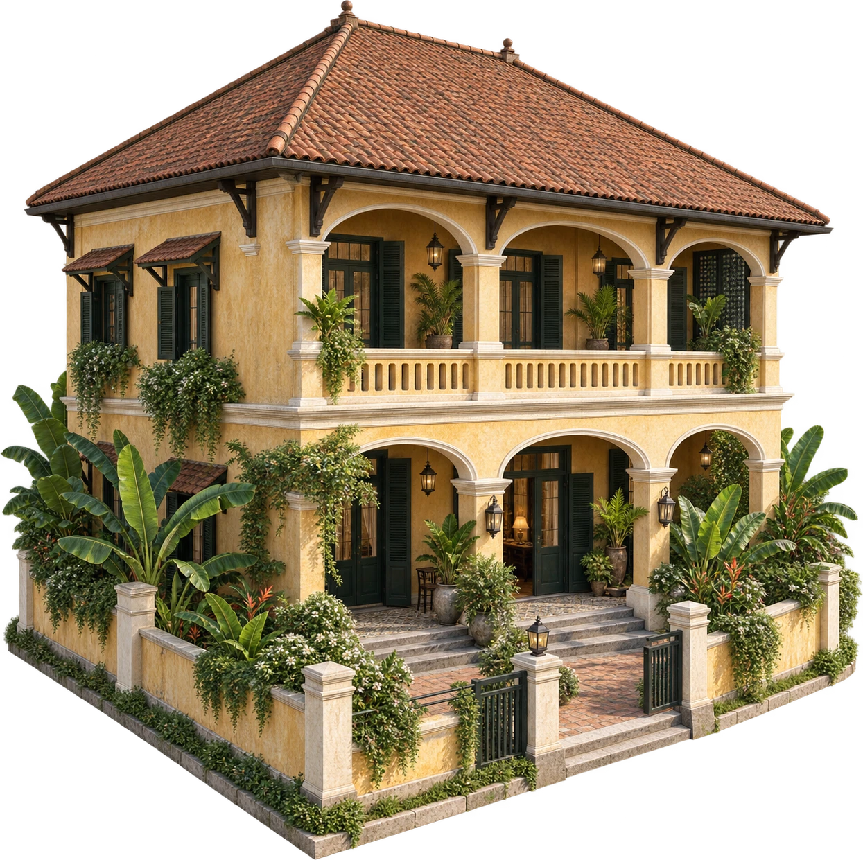 Phối cảnh nhà Đông Dương với mái ngói, hiên và cửa chớp, giúp hình dung phương án trước khi xây