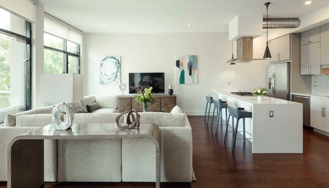 Thiết kế phòng khách và quầy bếp mở hiện đại thích hợp cho những căn hộ có diện tích nhỏ